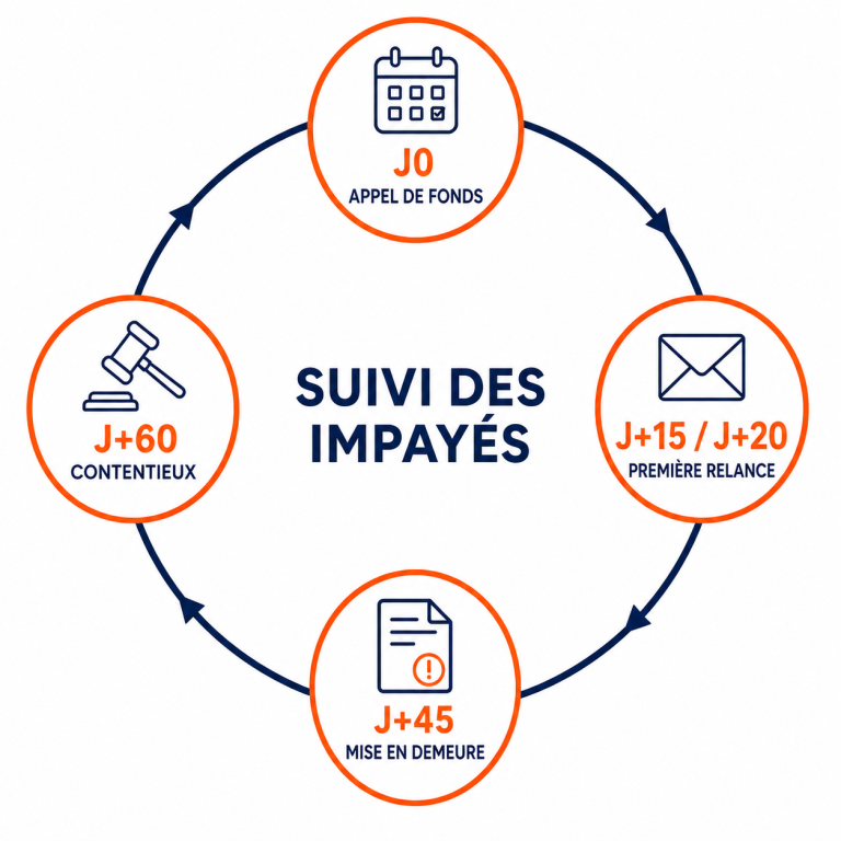 Frise chronologique du suivi des charges impayées de J0 à J+60 Frise chronologique du suivi des charges impayées de J0 à J+60